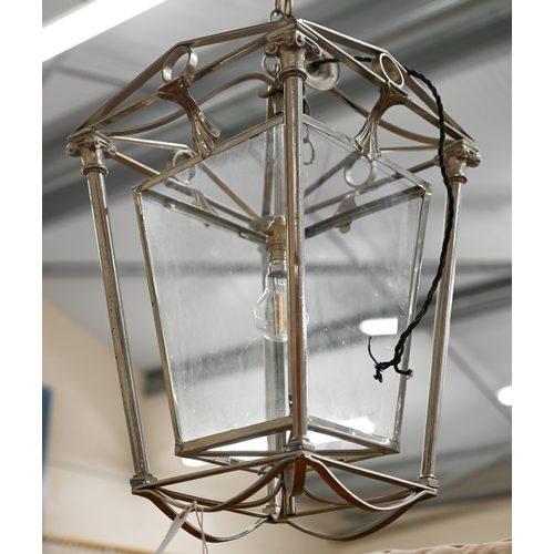 297 - A contemporary continental chromed brass hall lantern, approx. 60 cm h plus suspension chain