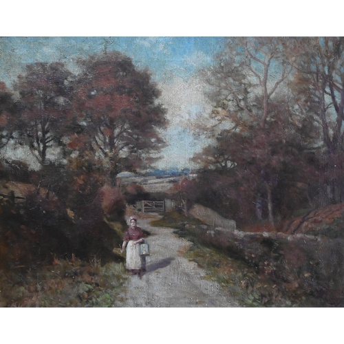 302 - T Cross - Milkmaid on a country lane, oil on canvas, signed, 37 x 47 cm to/w landscape (a/f) (2)