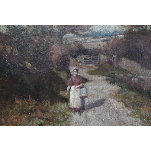 302 - T Cross - Milkmaid on a country lane, oil on canvas, signed, 37 x 47 cm to/w landscape (a/f) (2)