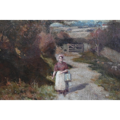 302 - T Cross - Milkmaid on a country lane, oil on canvas, signed, 37 x 47 cm to/w landscape (a/f) (2)