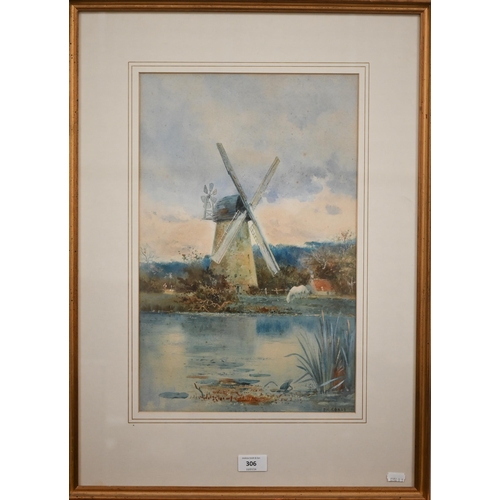 306 - F M Chase - Windmill view, watercolour, signed lower right, 45 x 28.5 cm