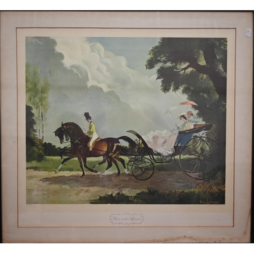 311 - Three Doris Zinckeisen horse and rider/carriage prints, 51 x 61 cm to/w two botanical studies of cam... 