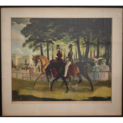 311 - Three Doris Zinckeisen horse and rider/carriage prints, 51 x 61 cm to/w two botanical studies of cam... 