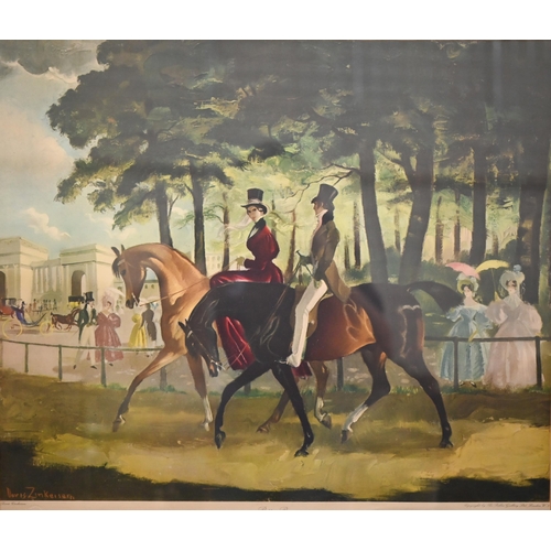 311 - Three Doris Zinckeisen horse and rider/carriage prints, 51 x 61 cm to/w two botanical studies of cam... 