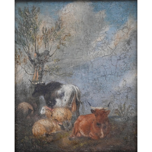 315 - Manner of Sydney Cooper - cows and sheep beneath trees, oil on board, 18 x 15 cm