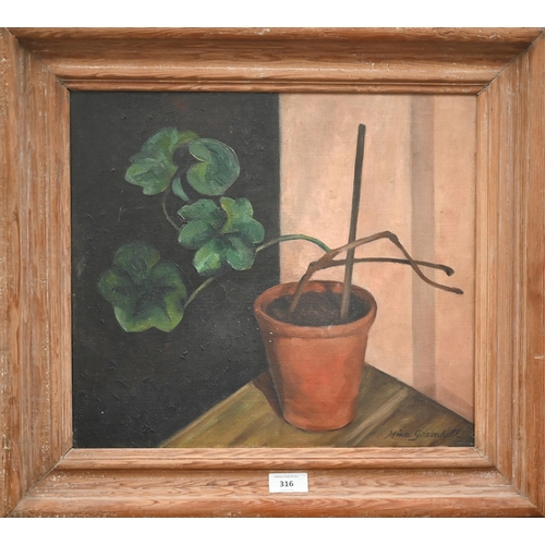 316 - Mina Greenhill - Terracotta pot with geranium, oil on canvas, signed, 34 x 39 cm