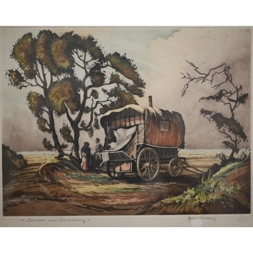 326 - # James Priddey - 'Caravan near Broadway' woodblock print, 22 x 30 cm to/w two prints by F Robson of... 