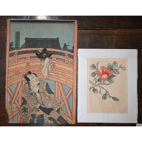 332 - Two Chinese embroidered panels, map engraving, botanical prints, loose watercolours, prints etc and ... 