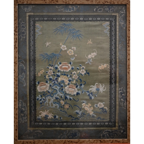 332 - Two Chinese embroidered panels, map engraving, botanical prints, loose watercolours, prints etc and ... 