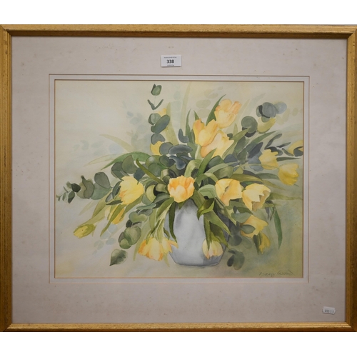 338 - Various pictures including Nancy Wood watercolour of tulips, polo player oil, 'Autumn' watercolour, ... 