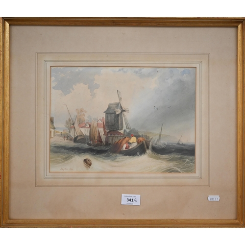 341 - J Lynn - Boats off the coast with windmill, watercolour, signed and dated 1832, 21.5 x 30 cm; E Lewi... 