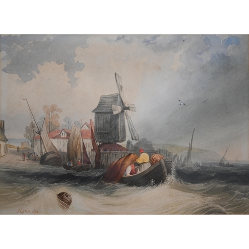 341 - J Lynn - Boats off the coast with windmill, watercolour, signed and dated 1832, 21.5 x 30 cm; E Lewi... 