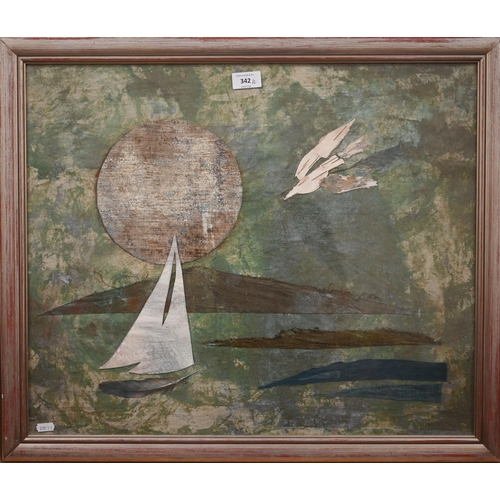 342 - Elizabeth Macfarlane - Sailing by, collage, 49 x 59 cm and All at Sea, 45 x 47 cm (2)