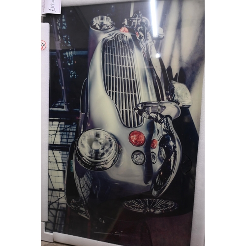 346A - Seven glass printed panels featuring Aston Martin, Cyclists, Zebras, Gullwing inside restoration wor... 