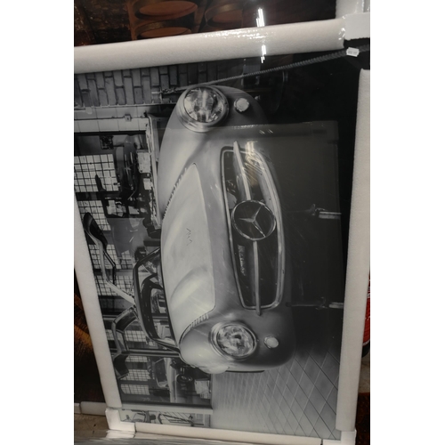 346A - Seven glass printed panels featuring Aston Martin, Cyclists, Zebras, Gullwing inside restoration wor... 