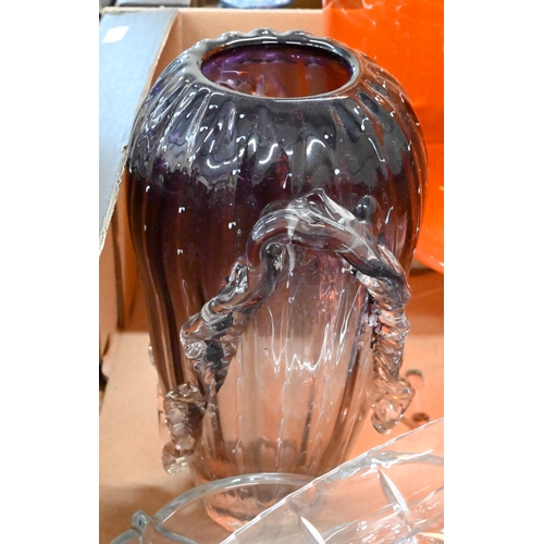 369 - An outsize tangerine glass goblet, to/w three bowls, a vase of Swarovski style bear (box)