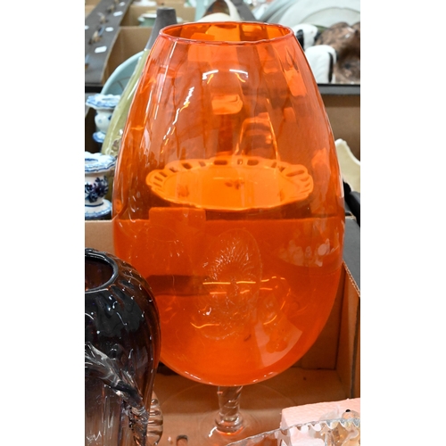 369 - An outsize tangerine glass goblet, to/w three bowls, a vase of Swarovski style bear (box)