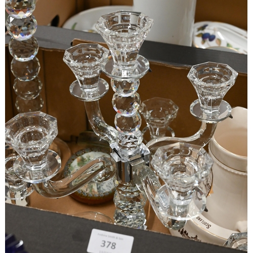 378 - # A modern design facetted glass eight-branch candelabrum (f/r), to/w various paperweights, a Willia... 