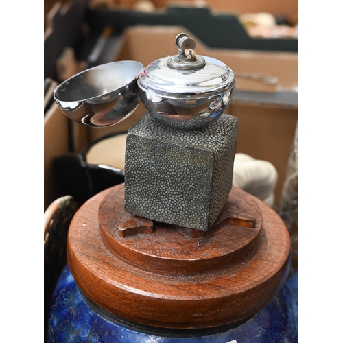 389 - An Art Deco style spherical chrome table-lighter on shagreen block base, to/w various ceramics and g... 