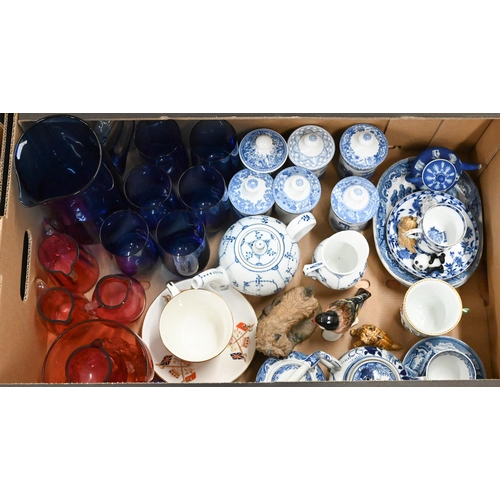 394 - A blue glass water jug and six matching glasses to/w four cranberry glass jugs and a bowl, six Spode... 