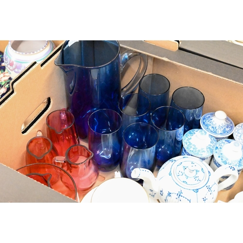 394 - A blue glass water jug and six matching glasses to/w four cranberry glass jugs and a bowl, six Spode... 