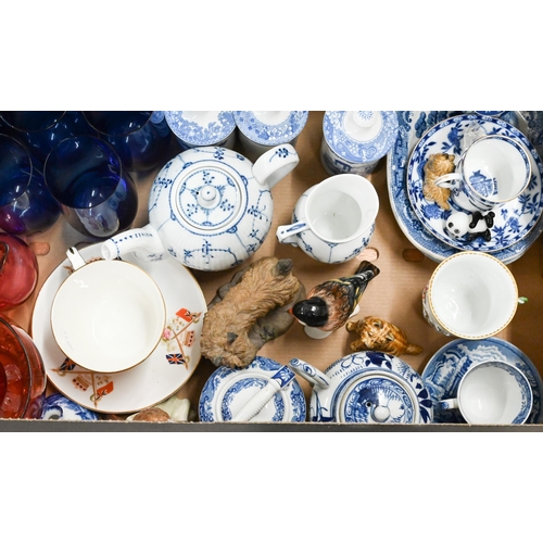 394 - A blue glass water jug and six matching glasses to/w four cranberry glass jugs and a bowl, six Spode... 