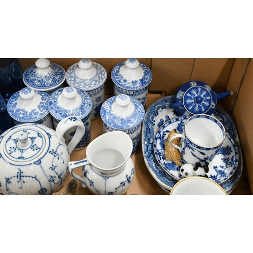 394 - A blue glass water jug and six matching glasses to/w four cranberry glass jugs and a bowl, six Spode... 