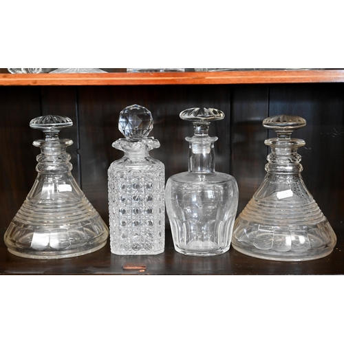 399 - A pair of Georgian style cut glass ship's decanters with mushroom stoppers to/w five other decanters... 