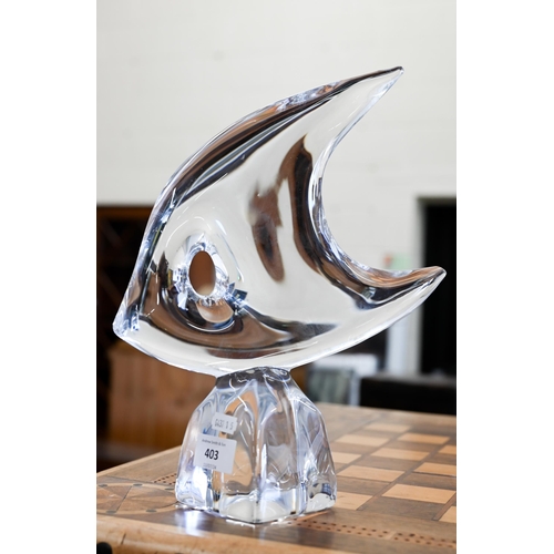 403 - A Daum (France) glass fish on tapering square base, 31 cm high