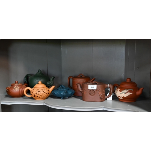 404 - Seven various Chinese Yixing teapots including a 'tree-trunk' example signed 'Rong Ying' and cylindr... 