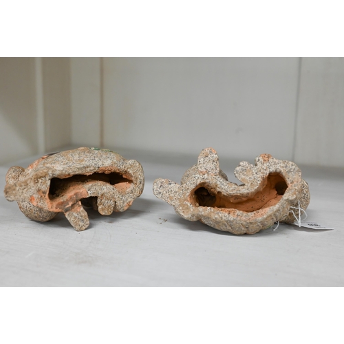 408 - A pair of Chinese earthenware reclining kylin with vestigial painting, 7.5 x 12 cm