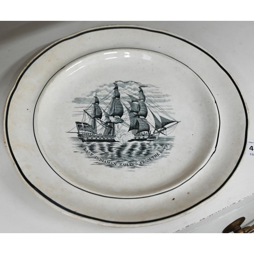 411 - An early 19th century creamware plate, transfer printed with 'East Indiaman Sailing from the Downs',... 