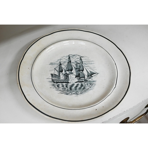 411 - An early 19th century creamware plate, transfer printed with 'East Indiaman Sailing from the Downs',... 