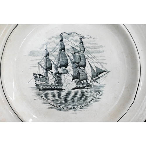 411 - An early 19th century creamware plate, transfer printed with 'East Indiaman Sailing from the Downs',... 