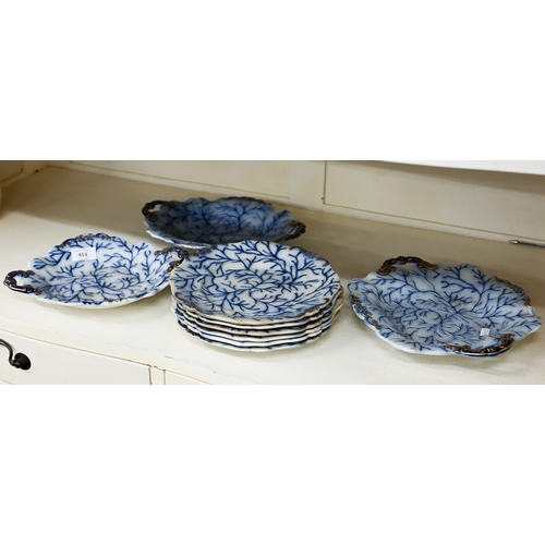 413 - An early 19th century blue-glazed creamware part fruit service embossed with seaweed, comprising thr... 