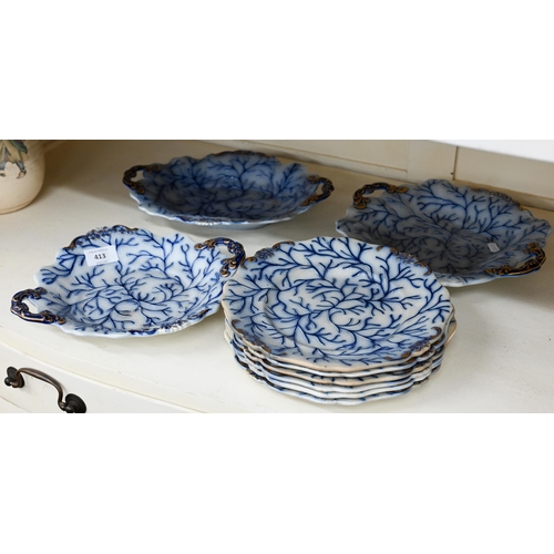 413 - An early 19th century blue-glazed creamware part fruit service embossed with seaweed, comprising thr... 