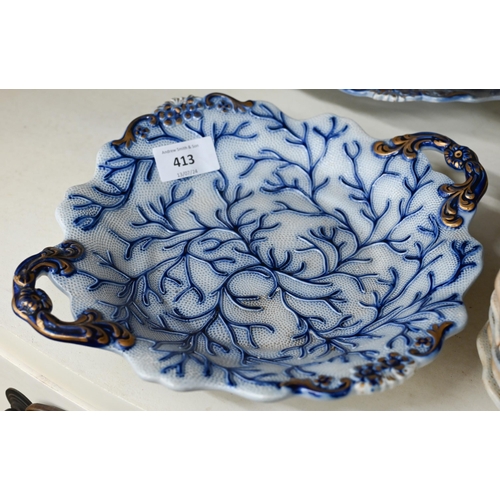 413 - An early 19th century blue-glazed creamware part fruit service embossed with seaweed, comprising thr... 