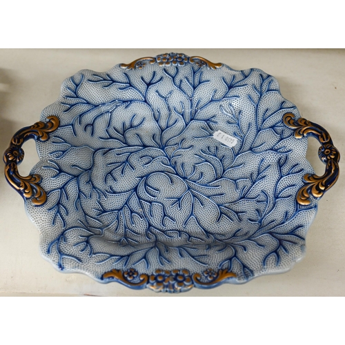 413 - An early 19th century blue-glazed creamware part fruit service embossed with seaweed, comprising thr... 