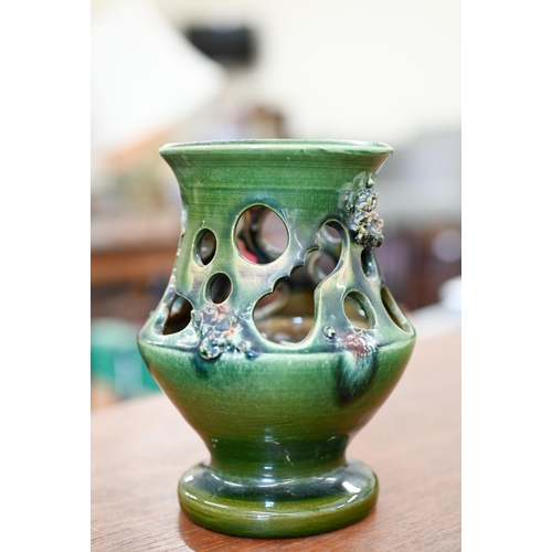 417 - A scarce Funi, Iceland pottery green-glazed vase with pierced sides and applied 'lava' decoration, d... 