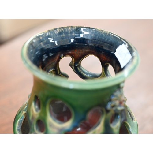 417 - A scarce Funi, Iceland pottery green-glazed vase with pierced sides and applied 'lava' decoration, d... 