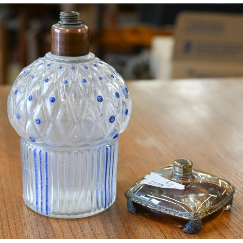 419 - A vintage French pressed glass scent bottle with blue enamelled decoration, by J Viard, 11 cm high t... 