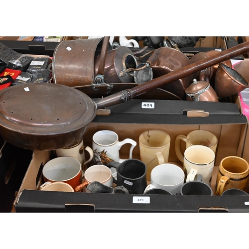 429 - A copper coal scuttle, kettles, warming pan and other copper, to/w various mugs (2 boxes)