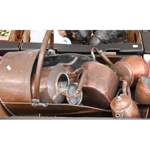 429 - A copper coal scuttle, kettles, warming pan and other copper, to/w various mugs (2 boxes)