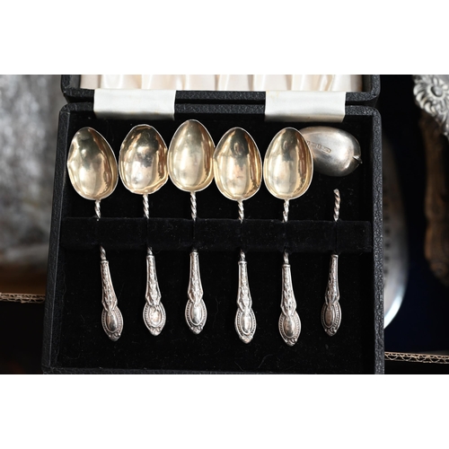 435 - A cased set of six silver coffee spoons with ornate stems to/w an ep dish, syphon stand and other cu... 