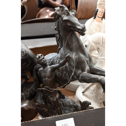 440 - # A bronzed equestrian group of a pig-hunt, signed 'Piglet 83', 21 cm high, to/w a pair of spelter M... 