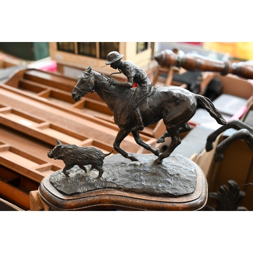 440 - # A bronzed equestrian group of a pig-hunt, signed 'Piglet 83', 21 cm high, to/w a pair of spelter M... 