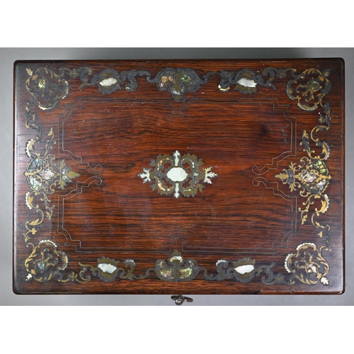 449 - A Victorian rosewood writing slope with blue velvet-lined fitted interior, inlaid overall with brass... 