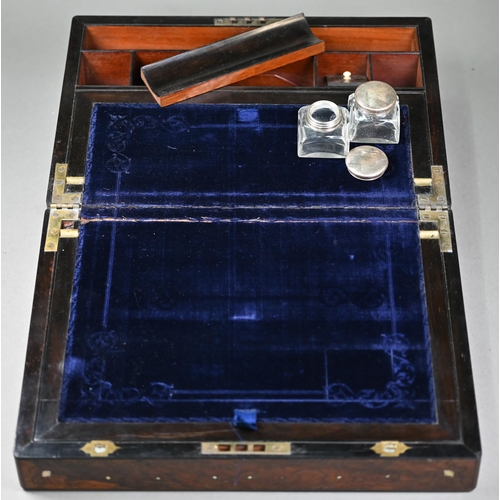 449 - A Victorian rosewood writing slope with blue velvet-lined fitted interior, inlaid overall with brass... 