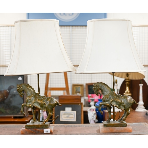 459 - A pair of table lamps mounted with Chinese brass horses on onyx bases (2)