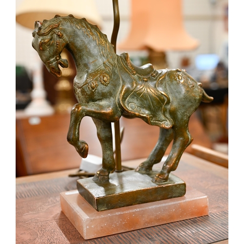 459 - A pair of table lamps mounted with Chinese brass horses on onyx bases (2)